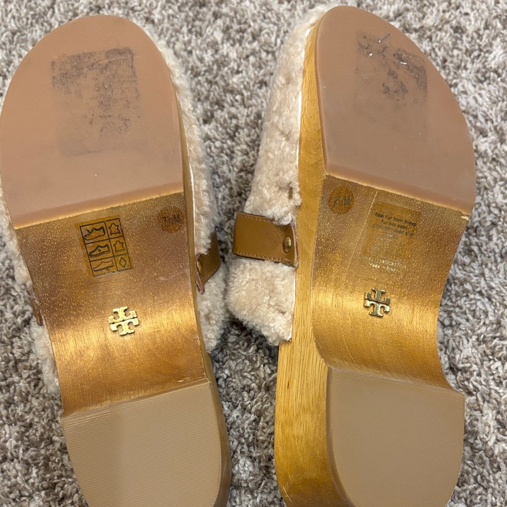 Tory Burch Beige Shearling Mules with Gold Accents - Picture 3 of 3